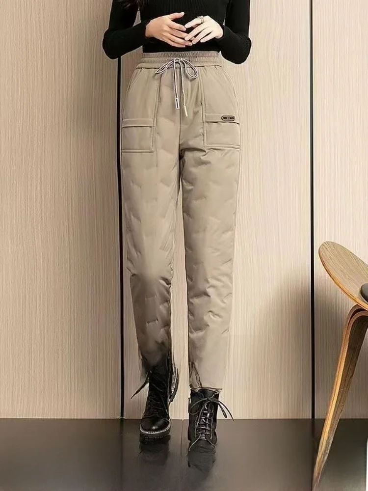 Pantalones informales de invierno de cintura alta para mujer, pantalones de algodón du abajo, pantalones largos rectos de tubo, pantalones cálidos y cómodos