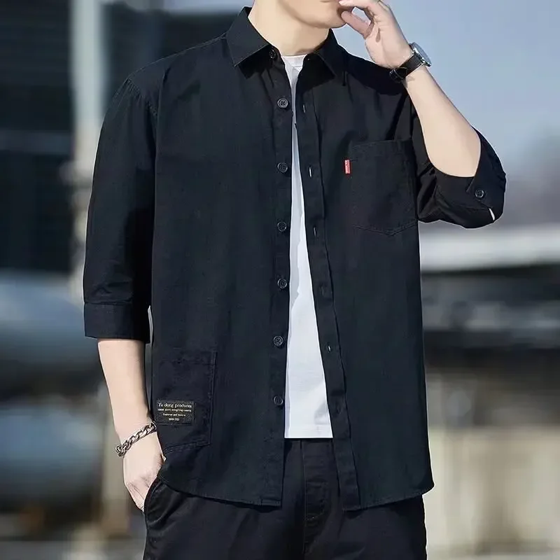 Casual Short Sleeve Men's Shirt Korean Trendy Seven Point Collar Summery Streetwear Jacket Japanese Style Top For Men