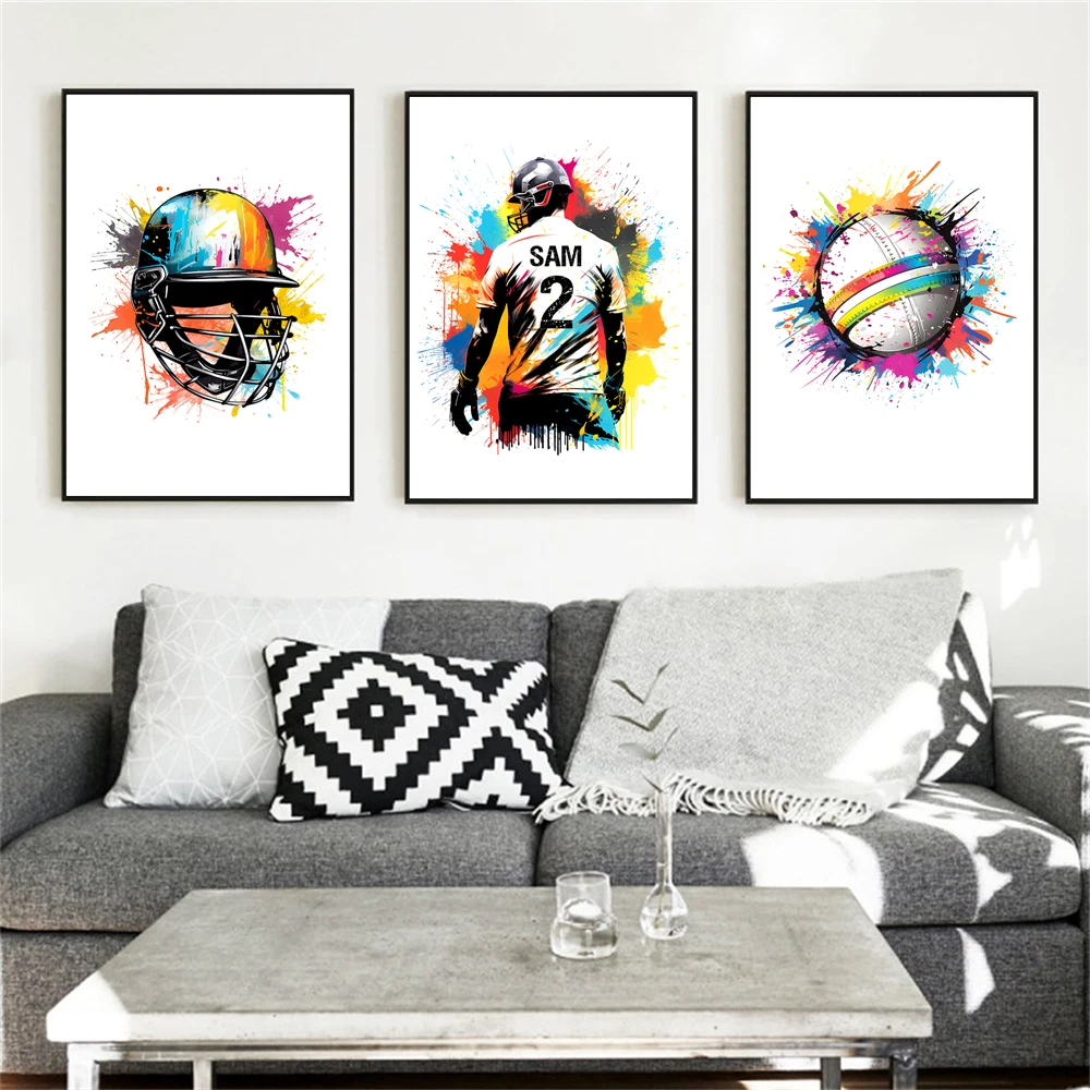 

Personalised Cricket Player Watercolor Poster Cricket Bat Wall Art Canvas Painting Boys Teen Room Decor Cricket Team Gifts