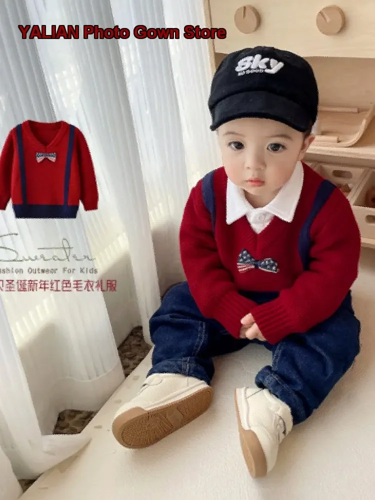 Trendy Baby Bow Tie Dress Boys Christmas New Year Greeting Knit Top V-Neck Fake Suspender