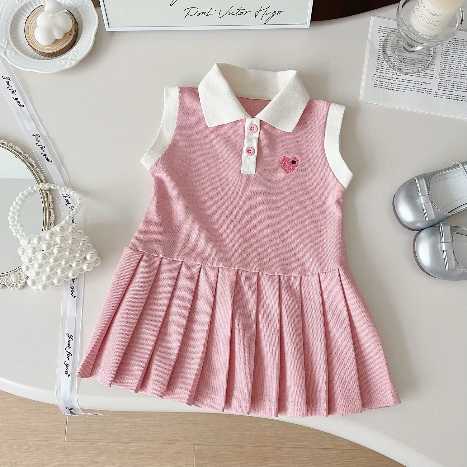 2024 Summer New Girls' Dress Collar Sleeveless Pleated Skirt Refreshing and Cute Dress Campus and Sporty Style Children Clothing