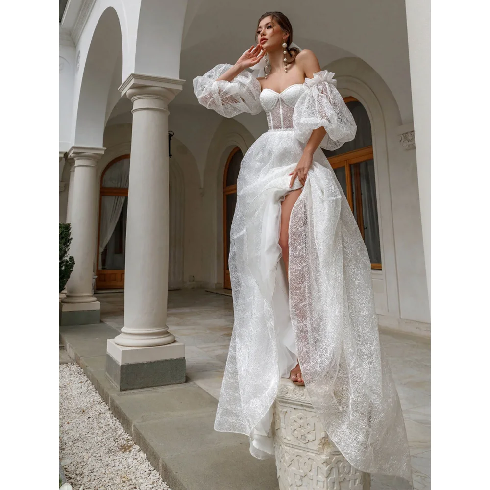 Abito da sposa in Tulle di pizzo con colletto a cuore per donna abito da sposa pieghettato a trapezio senza schienale con maniche a sbuffo rimovibili