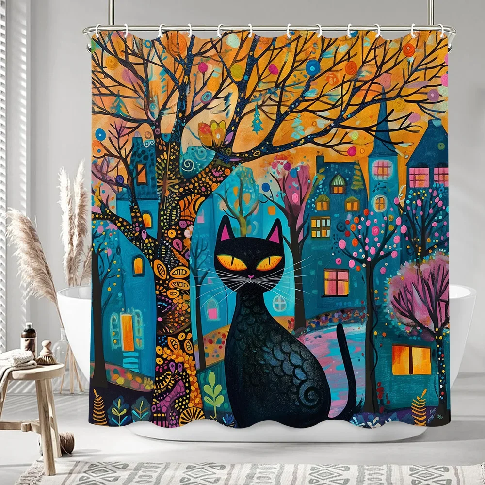 Black Cat Oil Painting Artwork Shower Curtain Bohemian Sand Colourful Painting Polyester Bath Curtains Bathroom Decor with Hooks