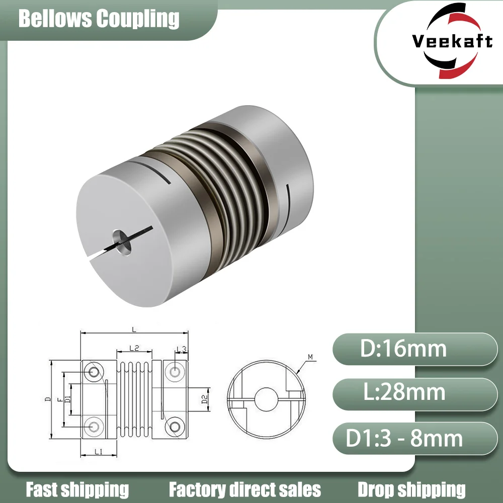 Corrugated coupling  D16L28 3/4/5/6/6.35/8mm CNC Aluminium Alloy For Stepper Motor Coupler Shaft Couplings 3D Printer  couple