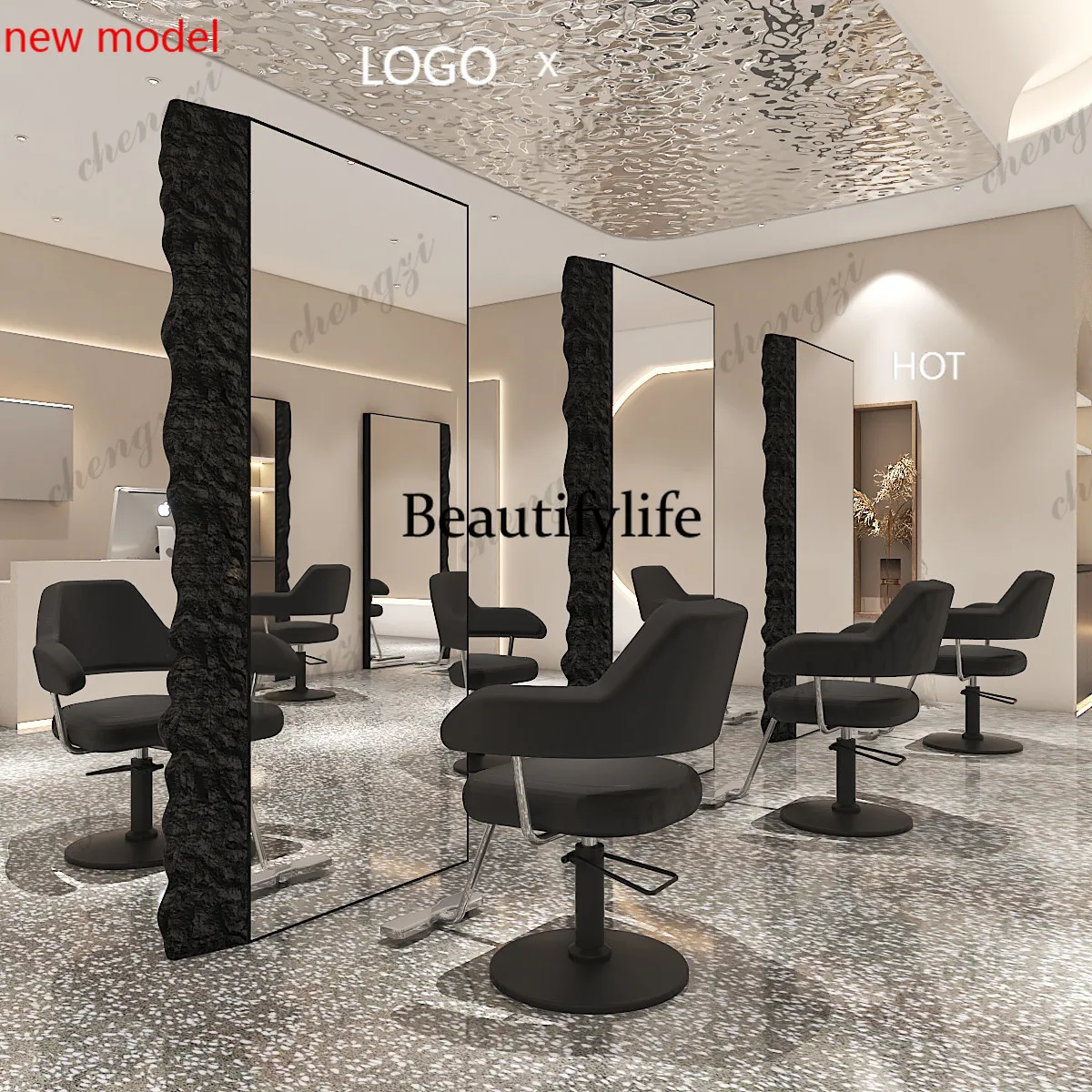 N138Hair salon mirror table single and double-sided floor mirror high-end barber shop hair cutting full body mirror hairsalonspe
