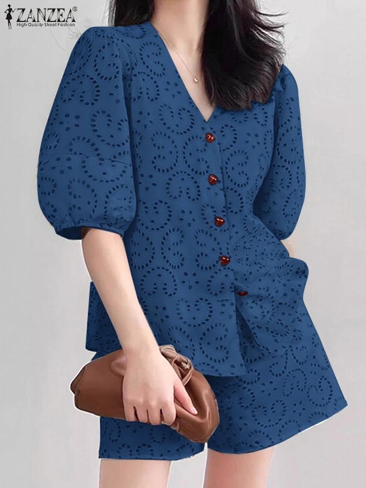 

ZANZEA 2025 Summer Women Short Sets Casual Printed Shorts Blouses OL Work Puff Sleeve Fashion Matching Sets Two-piece Outfits