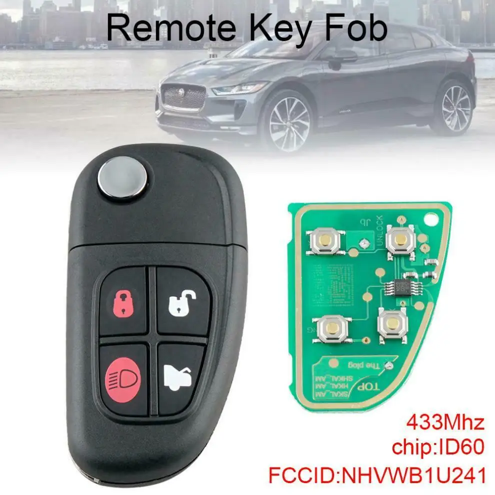 NHVWB1U241 Car Chip Flip Remote Key Buttons Auto Replacement 433Mhz for Jaguar S X XJ8 2001 2002 2003 2004 2005 2006 2007 2008