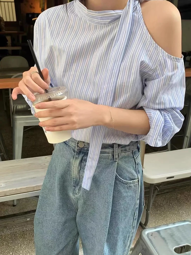 Chic Frühling Herbst Design Stehkragen aushöhlen oulder Krawatte Lose Beiläufige Lange Sve Vertikale Streifen frauen irt