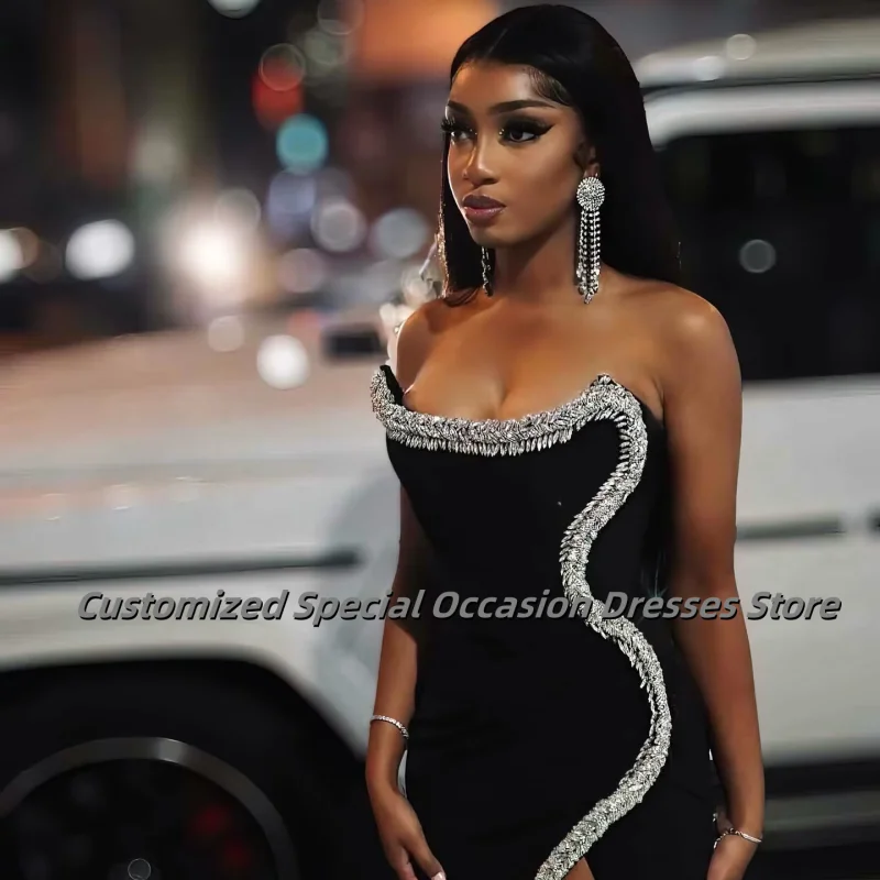 Black Prom Dresses Black Girls 2025 Bead Crystal Rhinestone Birthday Party Gala Luxury Split Mermaid Evening Gowns Customized