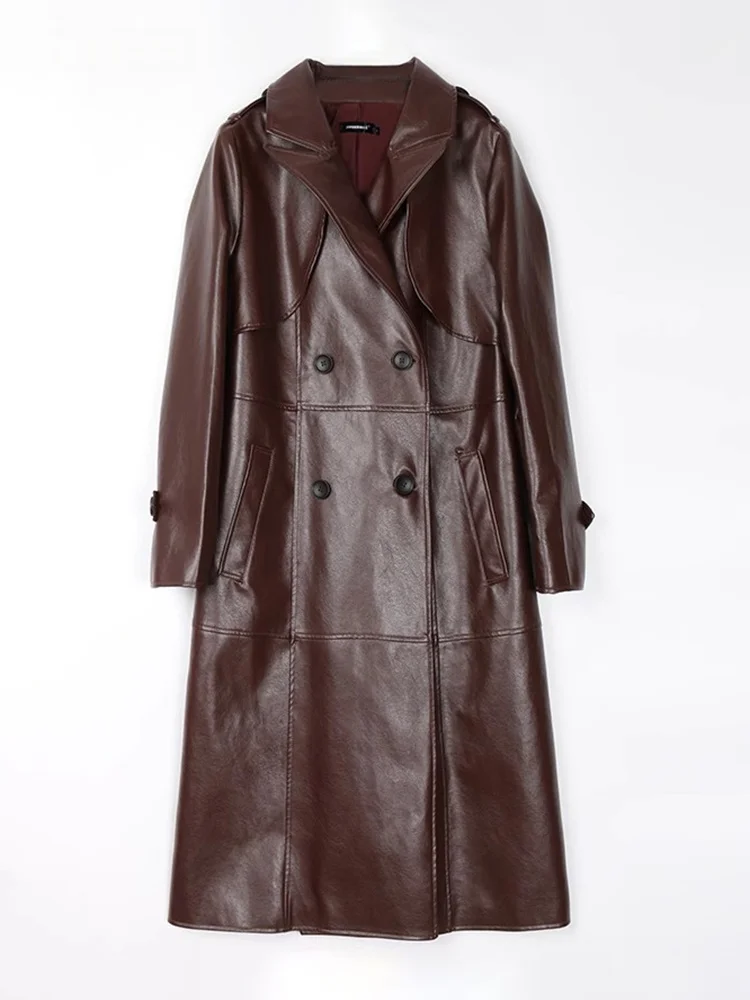 Cappotto Lungo in Pelle PU da Donna Nerazzurri con Cintura e Bottoni a Doppia Fila, Marrone, Elegante per il Pendolarismo, Nuovo Stile 202