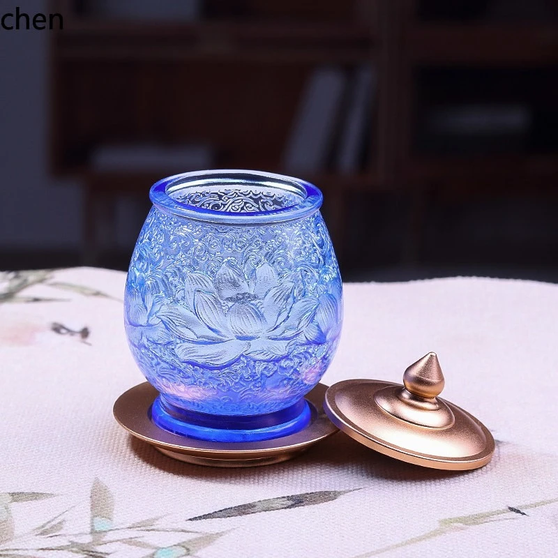 Cz glazed lotus offering set - vase, water offering cup, incense burner, and lotus flower ornaments  temples and home altars