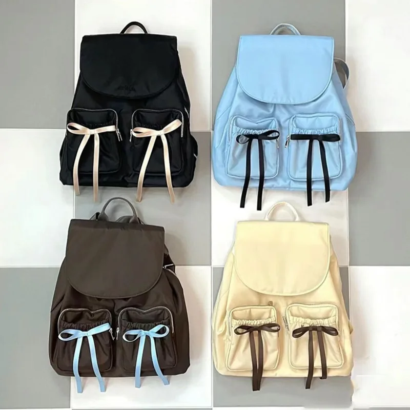 Korean Casual Black Small Backpacks Preppy Style Bowknots Zipper Backpacks Solid Niche High Capacity Tote Bags For Women 2024