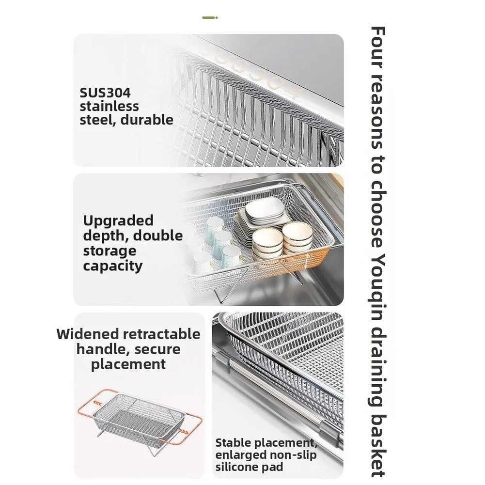 Over Sink Dish Drainer with 304 Stainless Steel Body and Drain Mesh Layout Optimized for Water Runoff and Item Containment