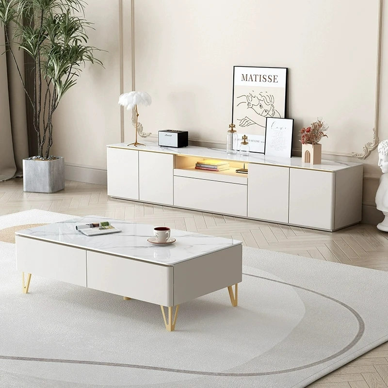 TV cabinet, tea table combination, slate solid wood 2025 new house, living room, light luxury floor to ceiling small apartment,
