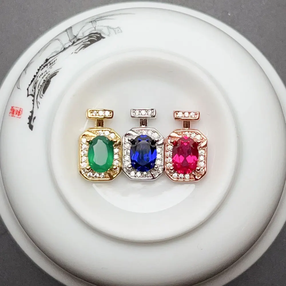 Cute 925 Silver Gemstone Pendant 5mm*7mm Man Made Ruby Sapphire Pendant with Thick 18K Gold Plating