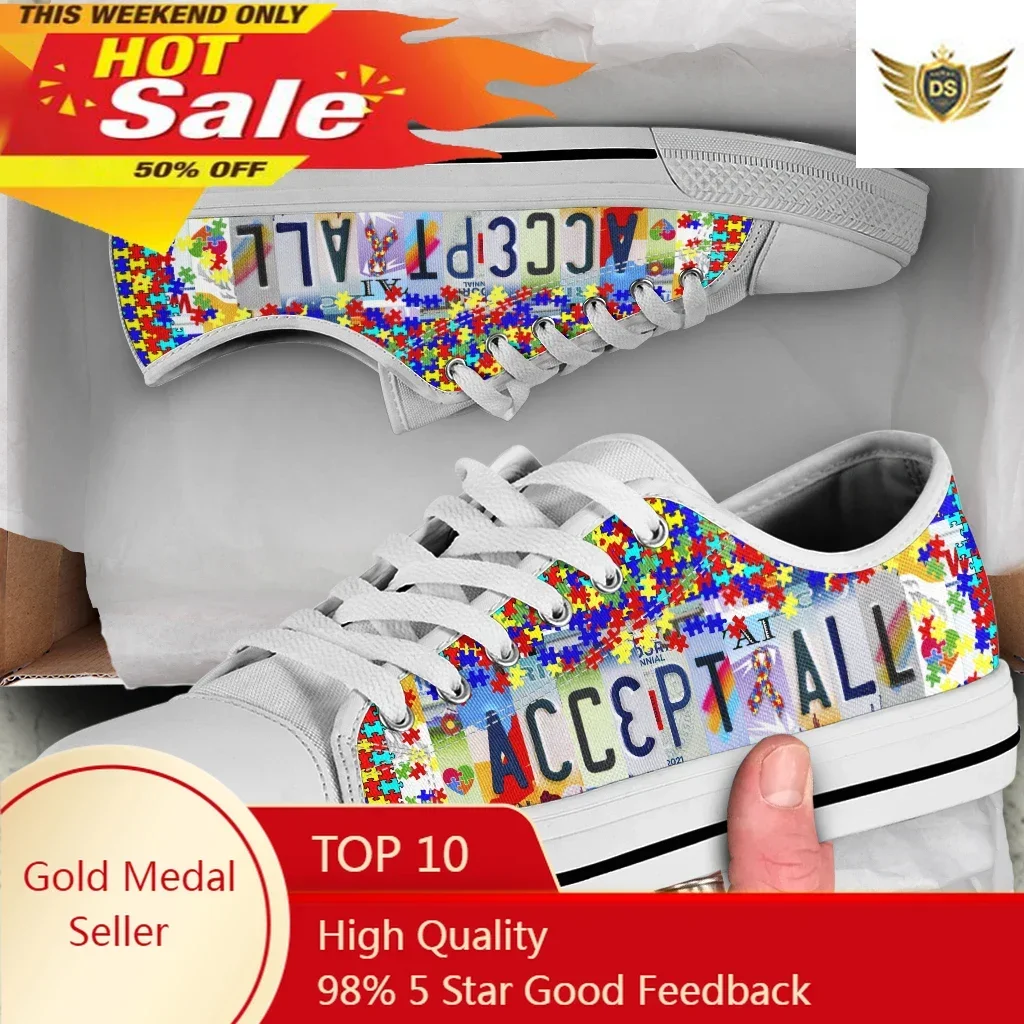 

License Plate Autism Accept All Autumn Fashion Low Top Canvas Sneakers Women's Shoes Breathable Light Sole Vulcanized Shoes