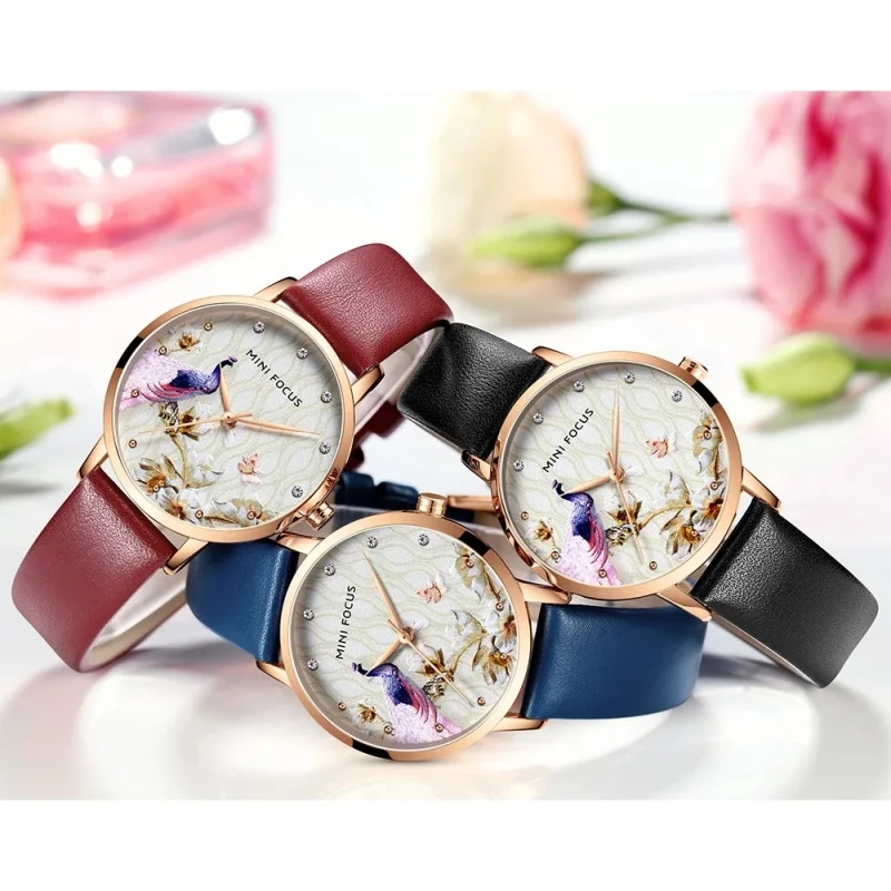 MINI FOCUS 0330 Women\'s Quartz Watch Elegant Peacock Dial Design Female Fashion Leather Strap Ladies Simple Casual Wristwatches