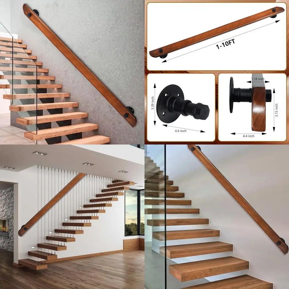 درابزين الدرج الداخلي الريفي، درابزين خشبي غير قابل للانزلاق للمنزل، قضبان دعم تثبيت على الحائط على الطراز القديم، درجة حرارة أمان الممر العلوي #1