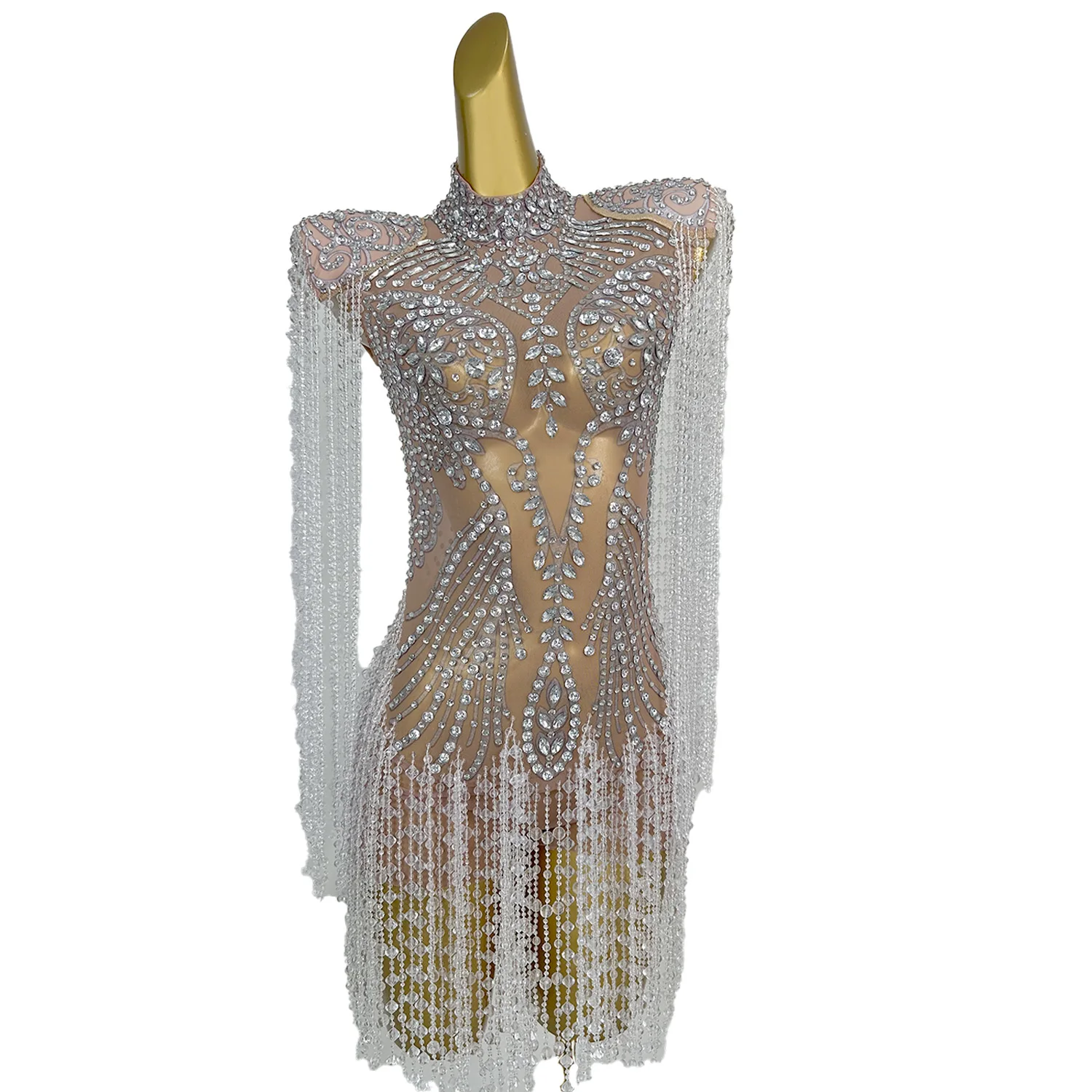 Vestido Mesh Strass Quaste Nachtclub Cocktail Mini Kleid Frauen Party Bankett, Figurbetontes Kleid Abendessen Kleid Leistung Tragen