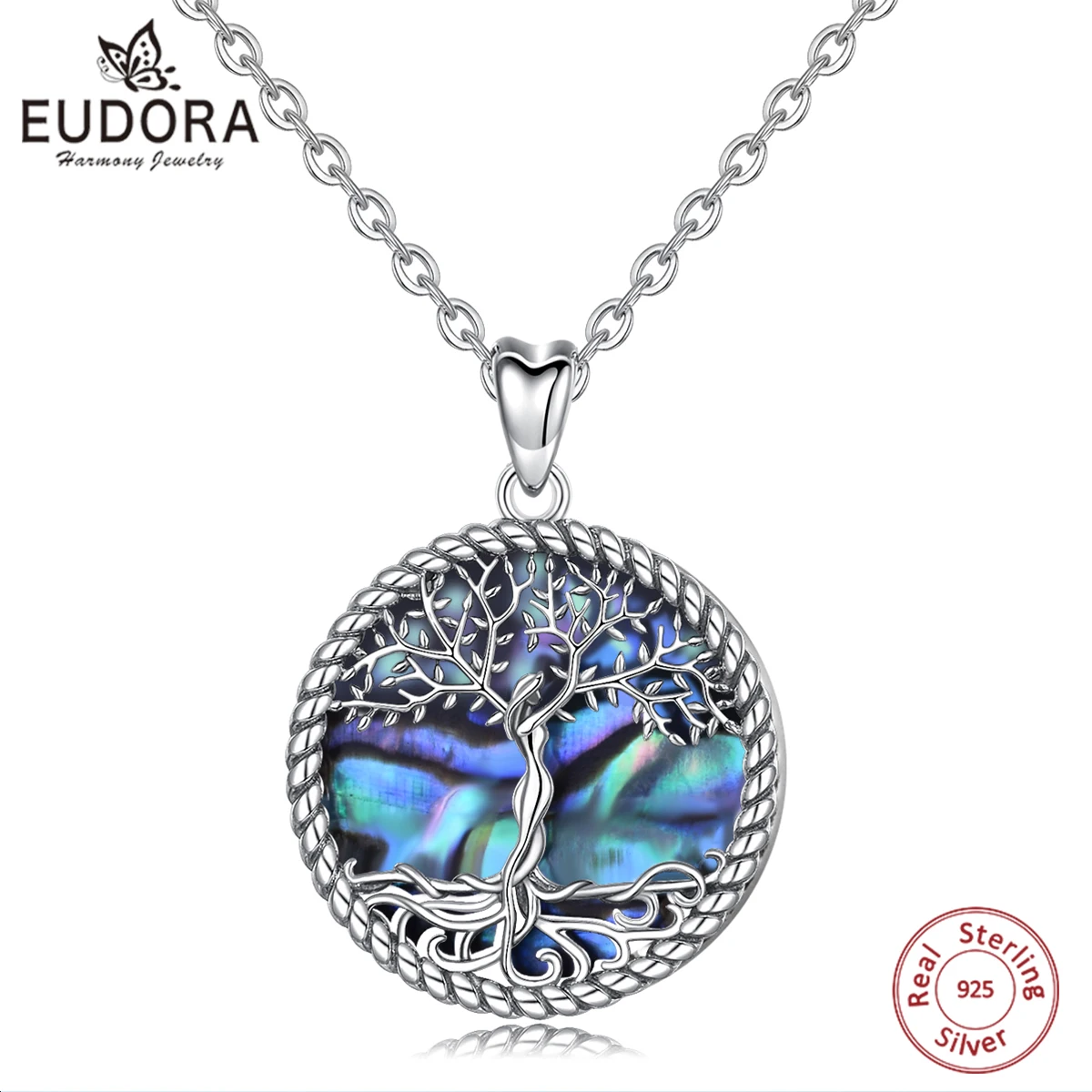 EUDORA 925 Sterling Silver Tree Of Life Pendant Silver Leaf Blue Mother of Pearl Necklace Women Fine Jewelry Mom Gift with Box