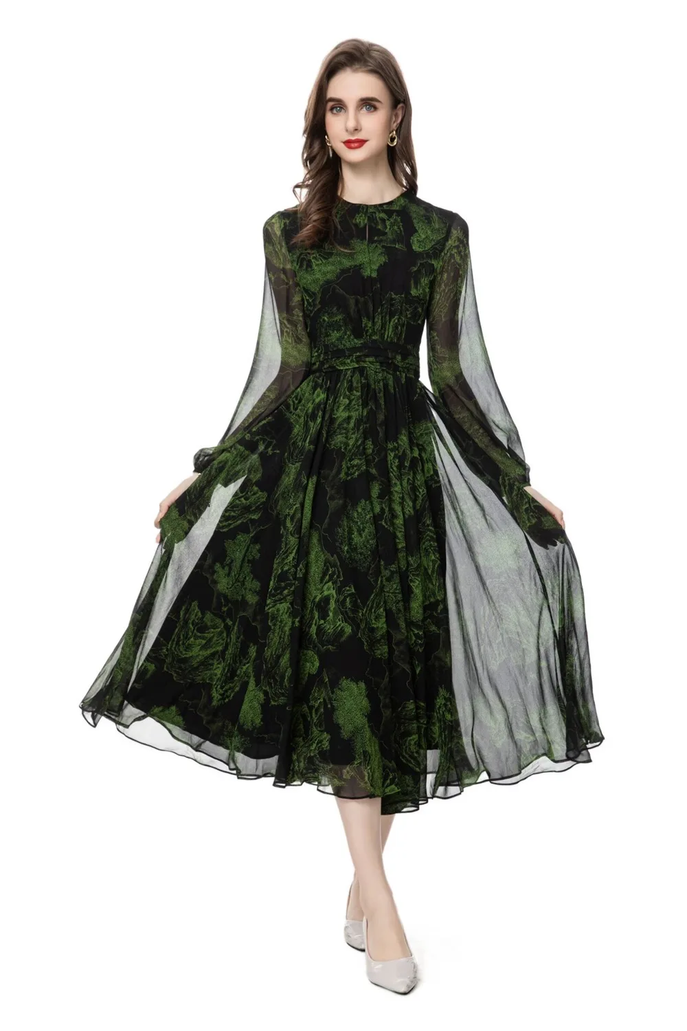 

Fashion Women's New Round Neck Vintage See-Through Lantern Long-Sleeved Pleated Scenery Printed Shaggy MIDI Dresses