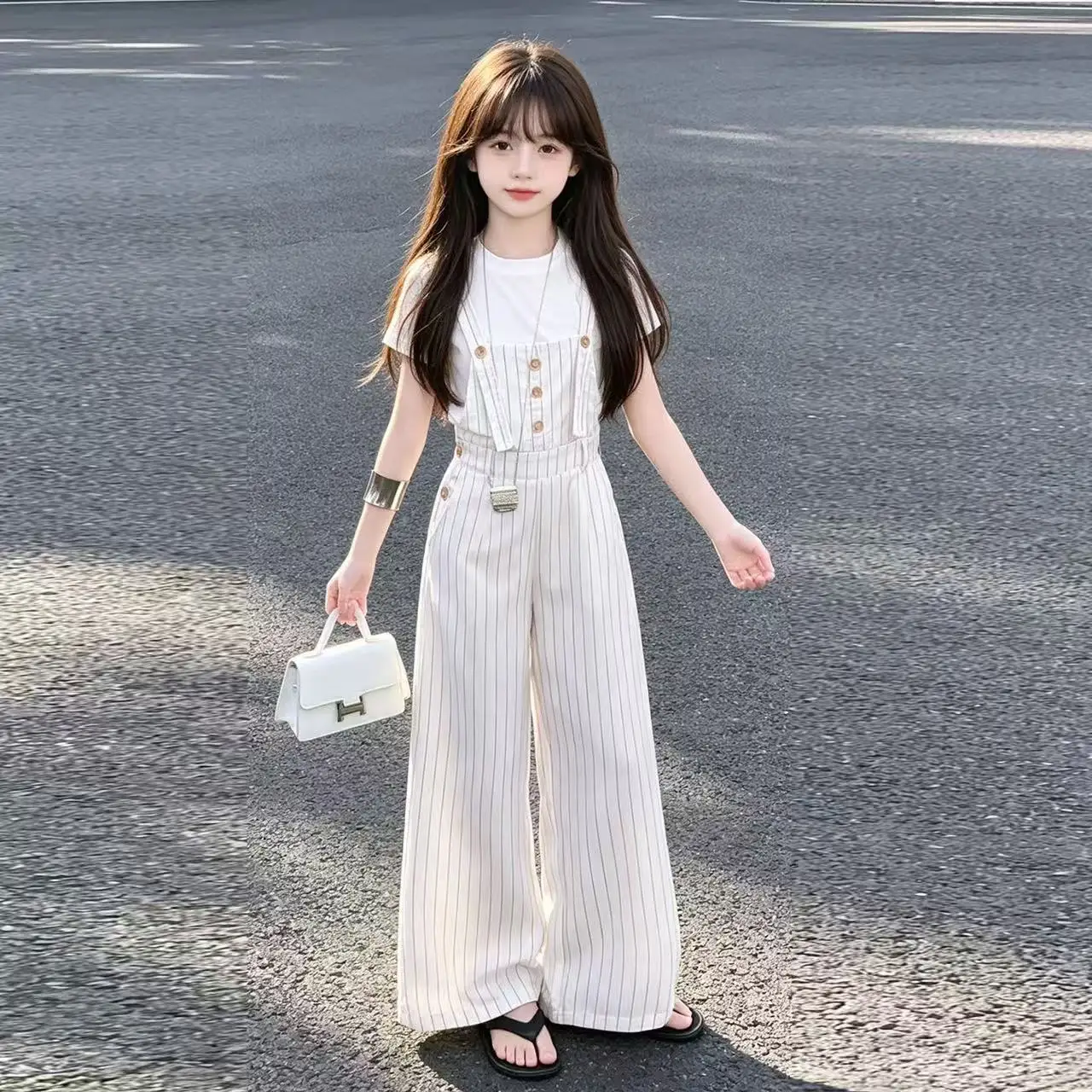 Girls Summer Outfit Striped Suspender Pants Set Fashion Kids Short Sleeve T-Shirt 2 Piece Suit Children Clothing 120-170CM