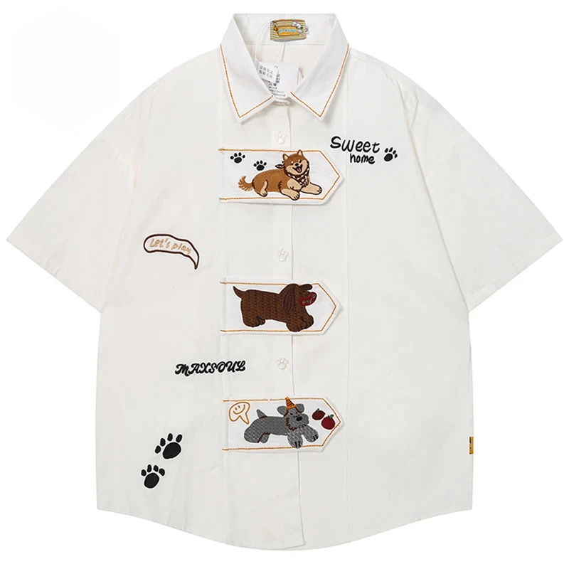 Cartoon Embroidery Shirts Men Japanese Harajuku Oversized Shirts Summer Casual Loose Short Sleeve Button Up Blouse