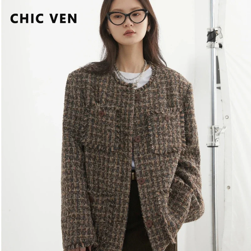 CHIC VEN Women Coat Retro Loose Jacket Frayed Edge Design Female Top Office Ladies Clothing Autumn Winter New 2024