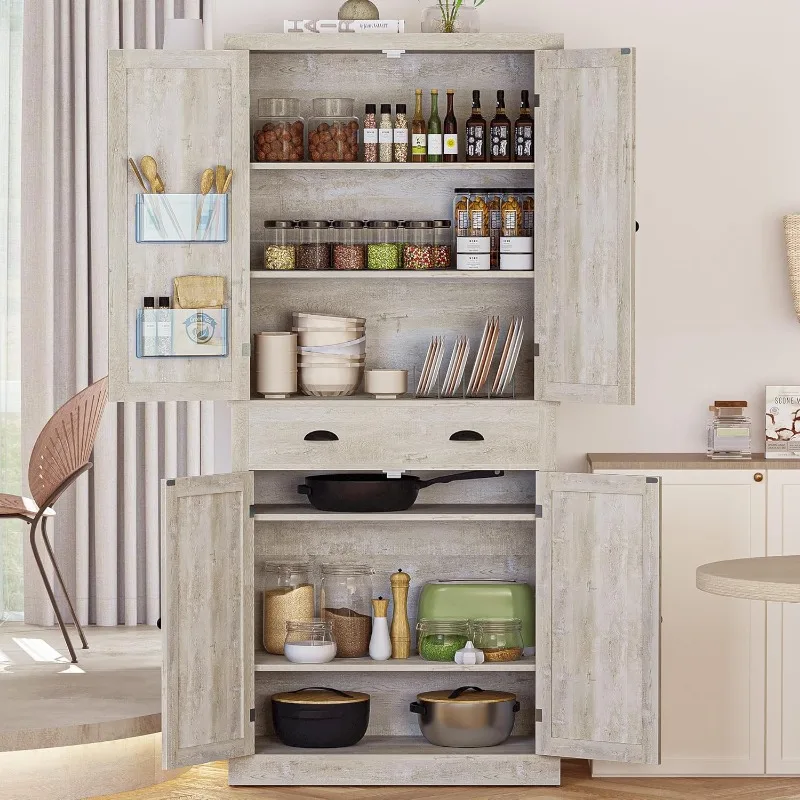 Kitchen Pantry Storage Cabinet 72" Height, with Barn Doors, Drawer, 4 Adjustable Shelves, Freestanding Cupboard image 6