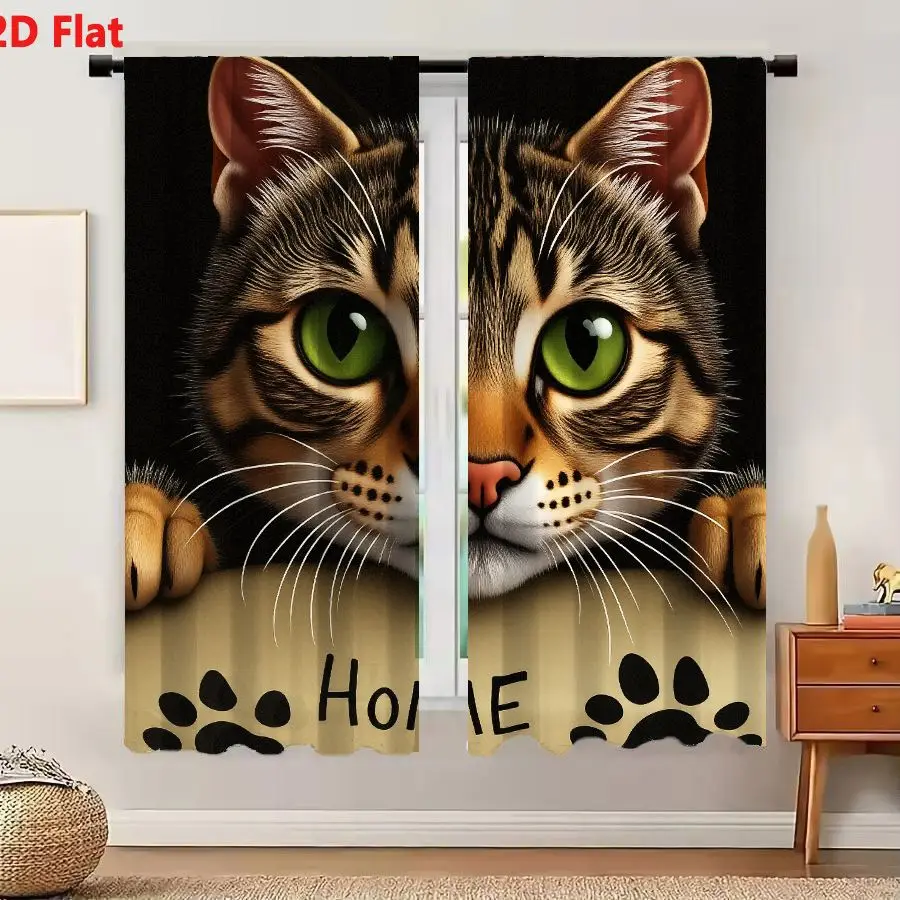 2Pcs Curtains 2D Flat Realistic Style Illustration Of A Tabby Cat With Green Eyes Holding A Beige Banner That Says HOME With Bla