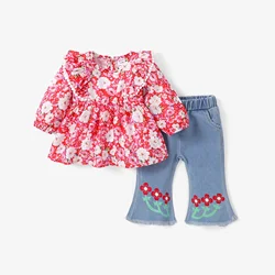 PatPat 2 Pieces Baby Girl Sweet Floral Ruffle Top and Denim Flares Set Soft and Comfortable  Perfect for Outings