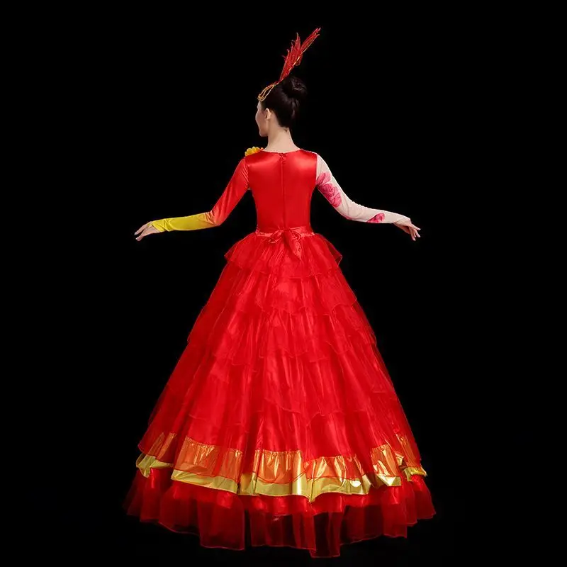 Spanish Bullfight Red Dress Flamenco Dance Performance Costume Opening Dance Big Swing Full-skirt for Adult Fluffy Dancing Wear