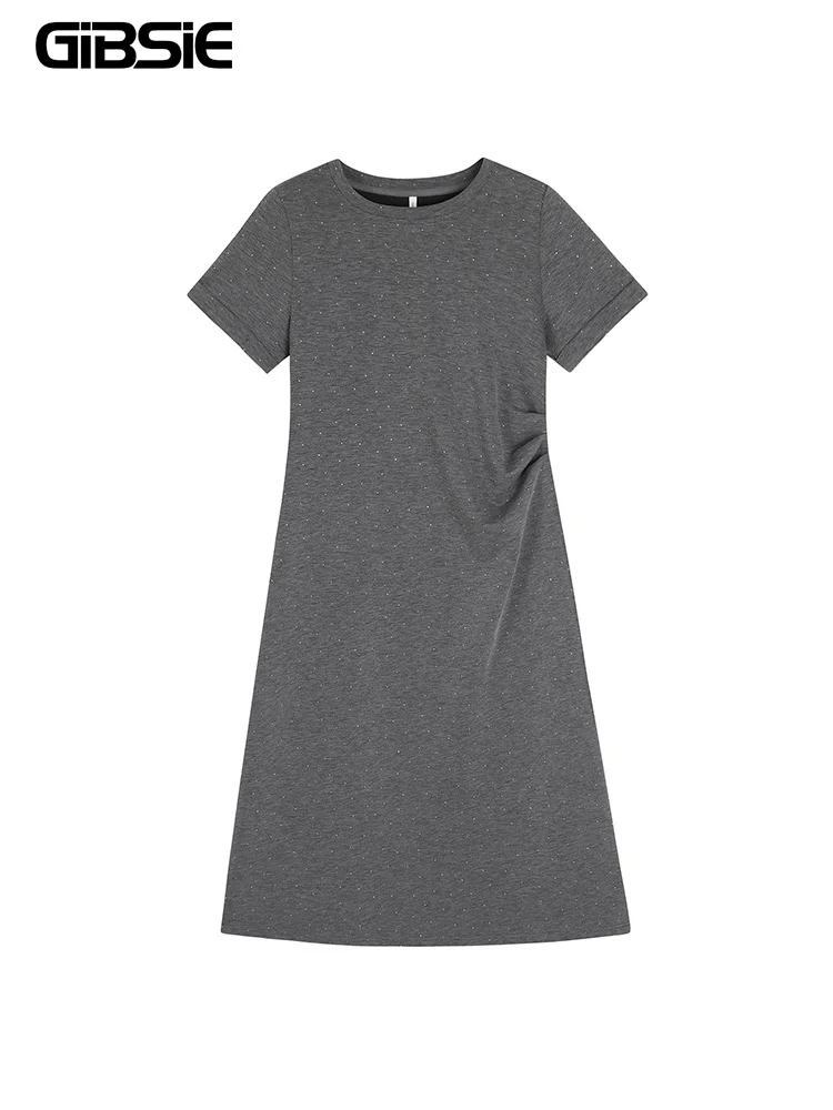 

GIBSIE Plus Size Gray diamond pleated waist t shirt dress Women's summer short-sleeved o-neck split a-line casual long dresses