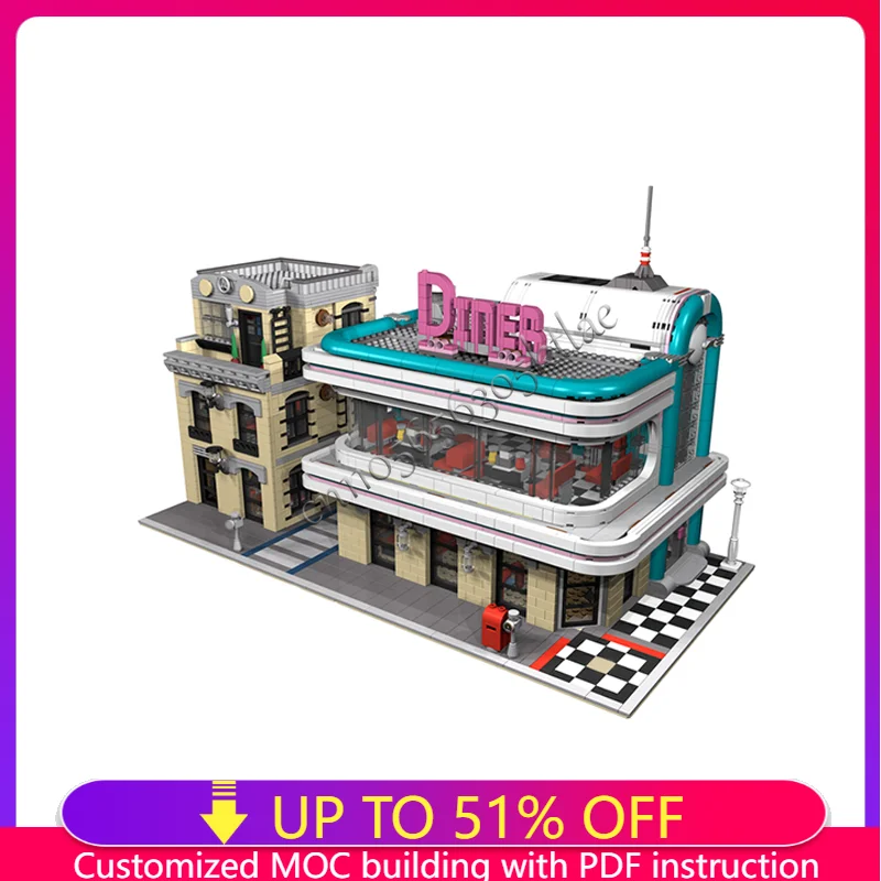 

4182 Parts MOC City Street Views Modular Downtown Diner Building Blocks Diy Educational Assembly Children Toys Christmas Gifts