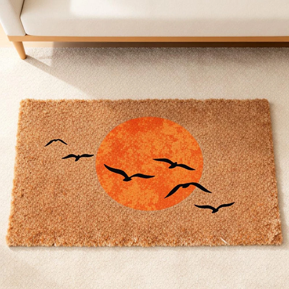 Sunrise Home Textiles & Apparel - พรมเช็ดเท้าลายพระอาทิตย์และนก ศิลปะญี่ปุ่น พรมต้อนรับ ลายพระอาทิตย์ขึ้นและตก ของตกแต่งหน้าประตู ของขวัญขึ้นบ้านใหม่