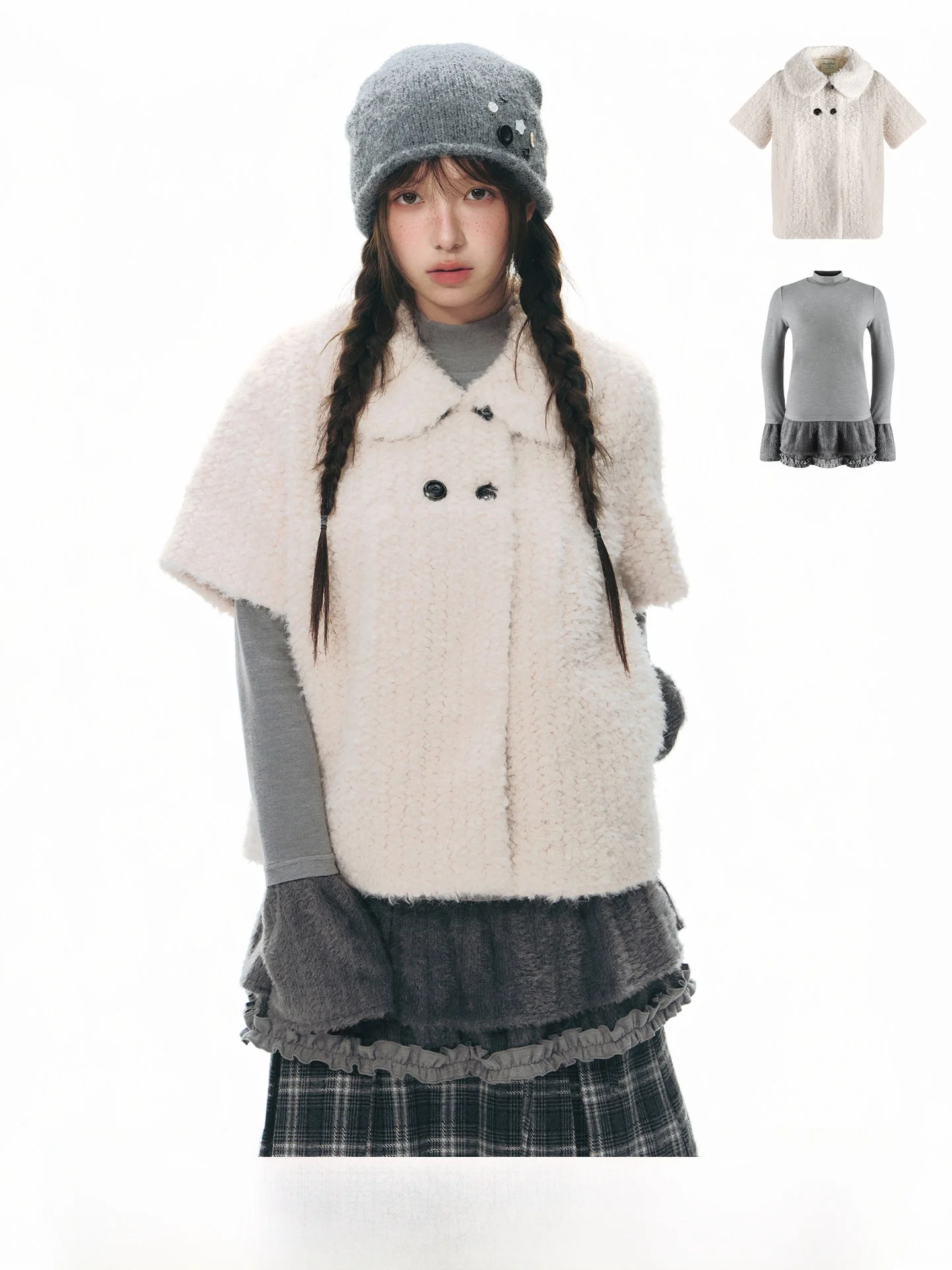 

NAPSNAPS Original Lamb Fur Doll Collar ort Sve Winter Jaet Women's Knitted Long Sve Two-Piece Set New Girl's Faion