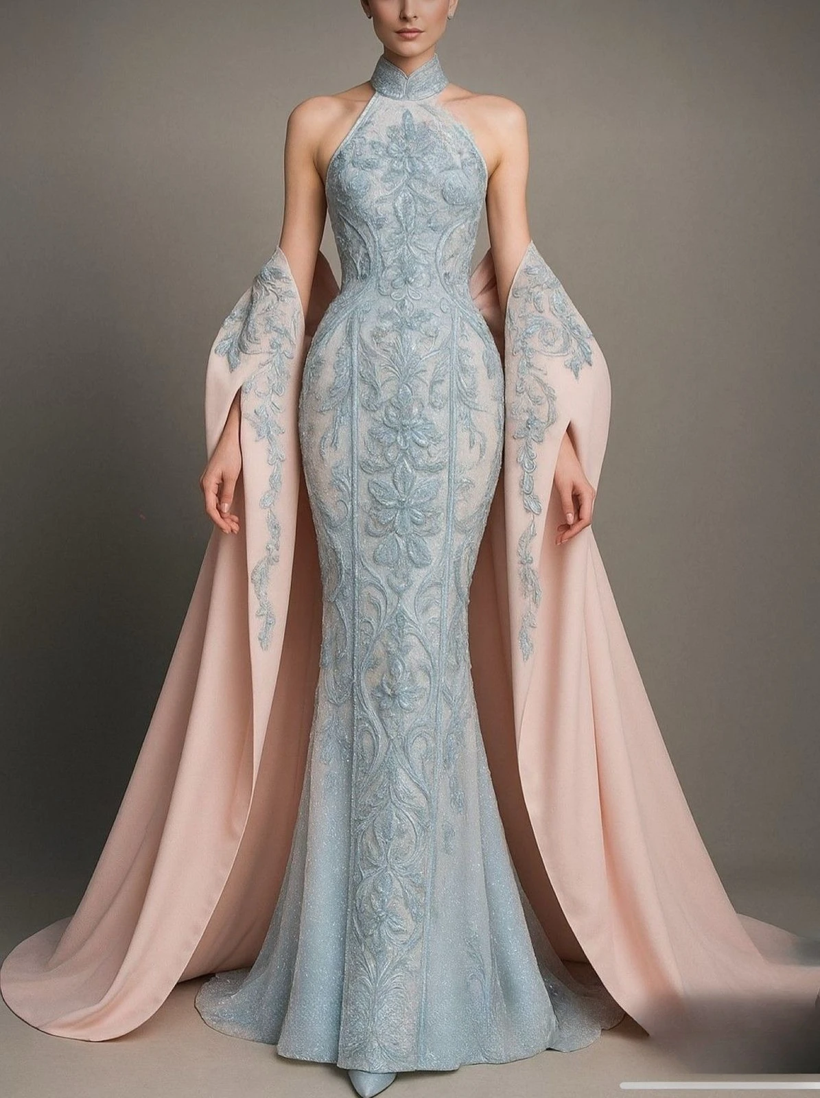 Customized  High Collar Sleeveless Hip-wrapped skirt Lace and satin  Applique Evening Dresses woman