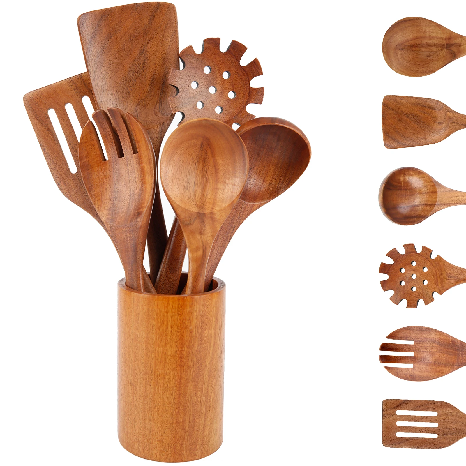 

7pcs Wooden Kitchen Utensils, Spoons for Cooking, Wooden Cooking Spoons with Holder, Nonstick Spatulas Set, Kitchen Essentials