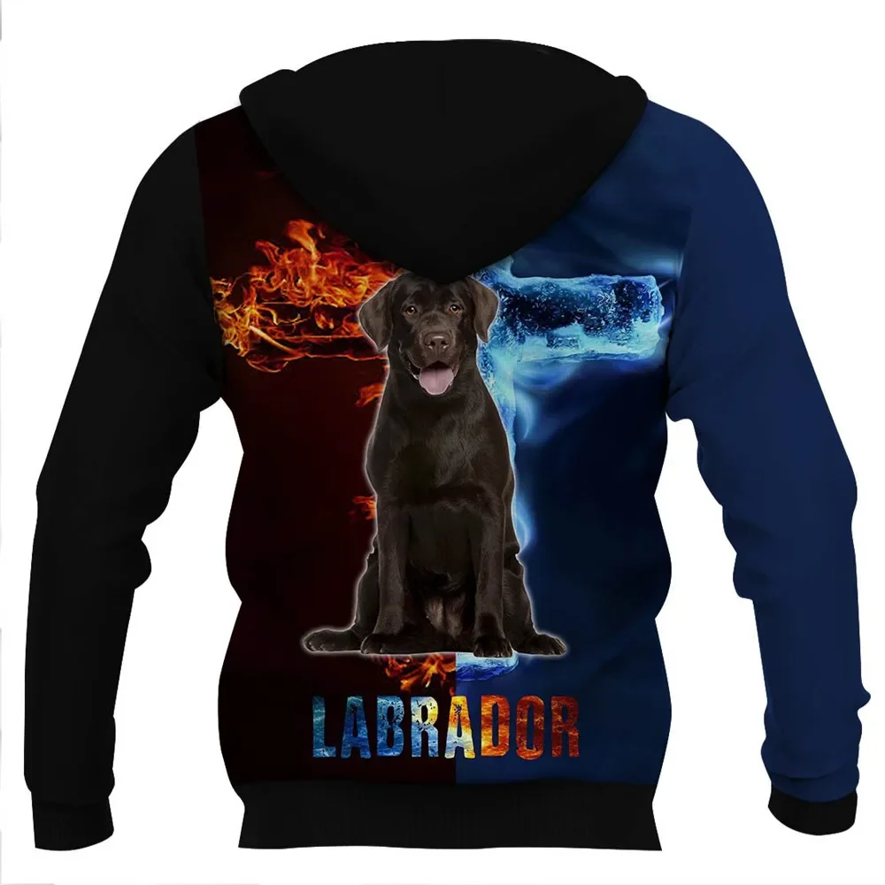 HX Animal Hoodies 3D Graphic Ice and Fire Animals Dogs Labrador Retriever Black Hoodie Fashion Sweatshirts Pullovers