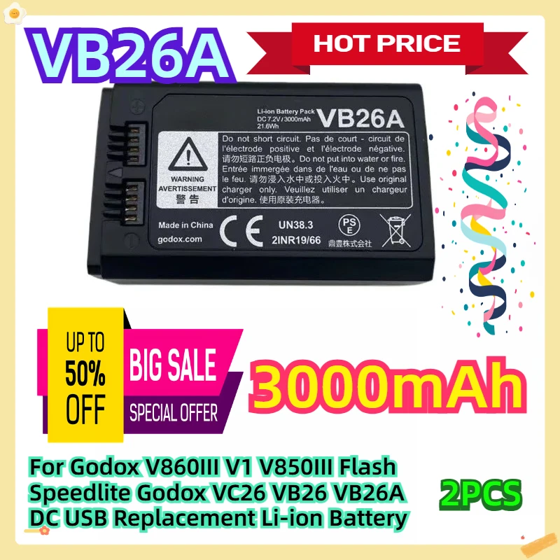 

For Godox V860III V1 V850III Flash Speedlite Godox VC26 VB26 VB26A DC USB Replacement Li-ion Battery 3000mAh 2pcs