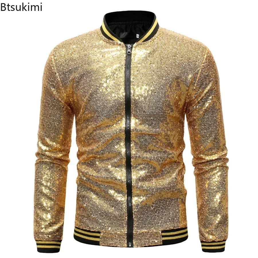 Chaquetas con lentejuelas para hombre, abrigos con purpurina brillante para discoteca, DJ, graduación, chaqueta Bomber para hombre, chaqueta para