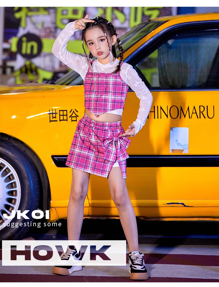 

Pink Plaid Kpop Jazz Dance Outfit For Girls Children Fashion Catwalk Show Stage Costume School Concert Stage Clothes