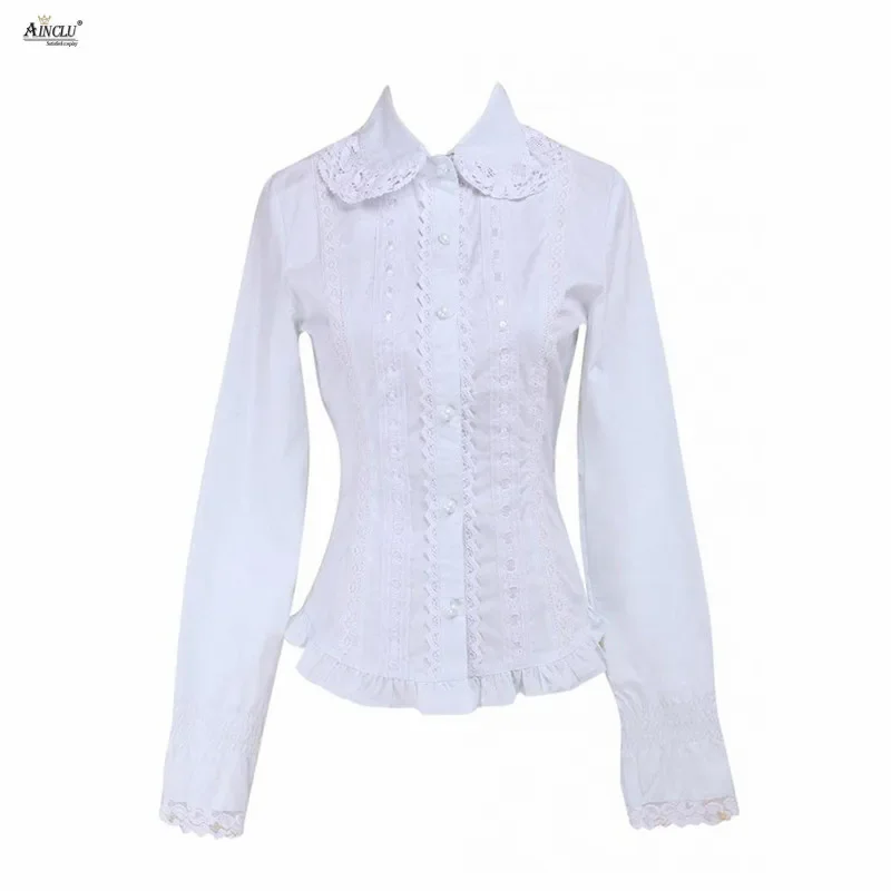 

White womens Lolita blouse cotton lace long sleeves natural girls fashion Lolita top casual party club ainclu XS-XXL