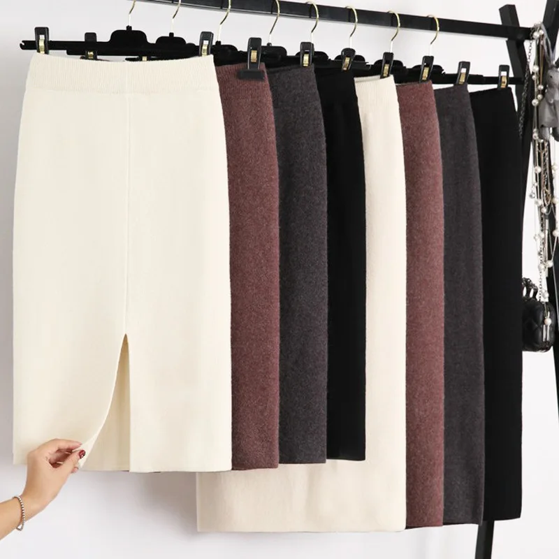 2026 Autumn and Winter New Style Hip-hugging One-step Skirt Mid-length Woolen Plain Weave Glossy Slit Knitted Skirt