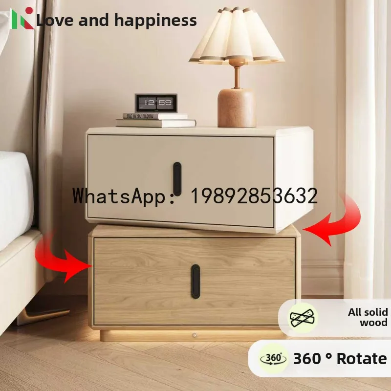 LYY Solid Wood Bedside Table for Home Bedroom, Light Luxury High-End Italian Style Small Bedside Rotating Storage