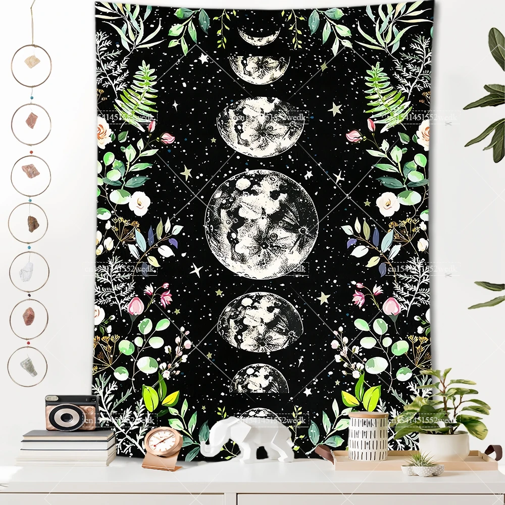 Lunar Phase Witchy Tapestry Botanical Celestial Moon Flowers Landscape Tapestries Spiritual Room Decor Aesthetic Altar Cloths