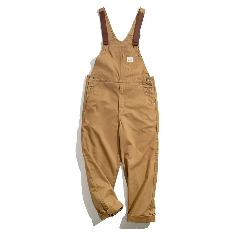 Japanischen Vintage Khaki Hosenträger Lätzchen Frühling Herbst Leinwand Cargo Hosen Streetwear Männer Strampler Volle Länge Hosen Overalls