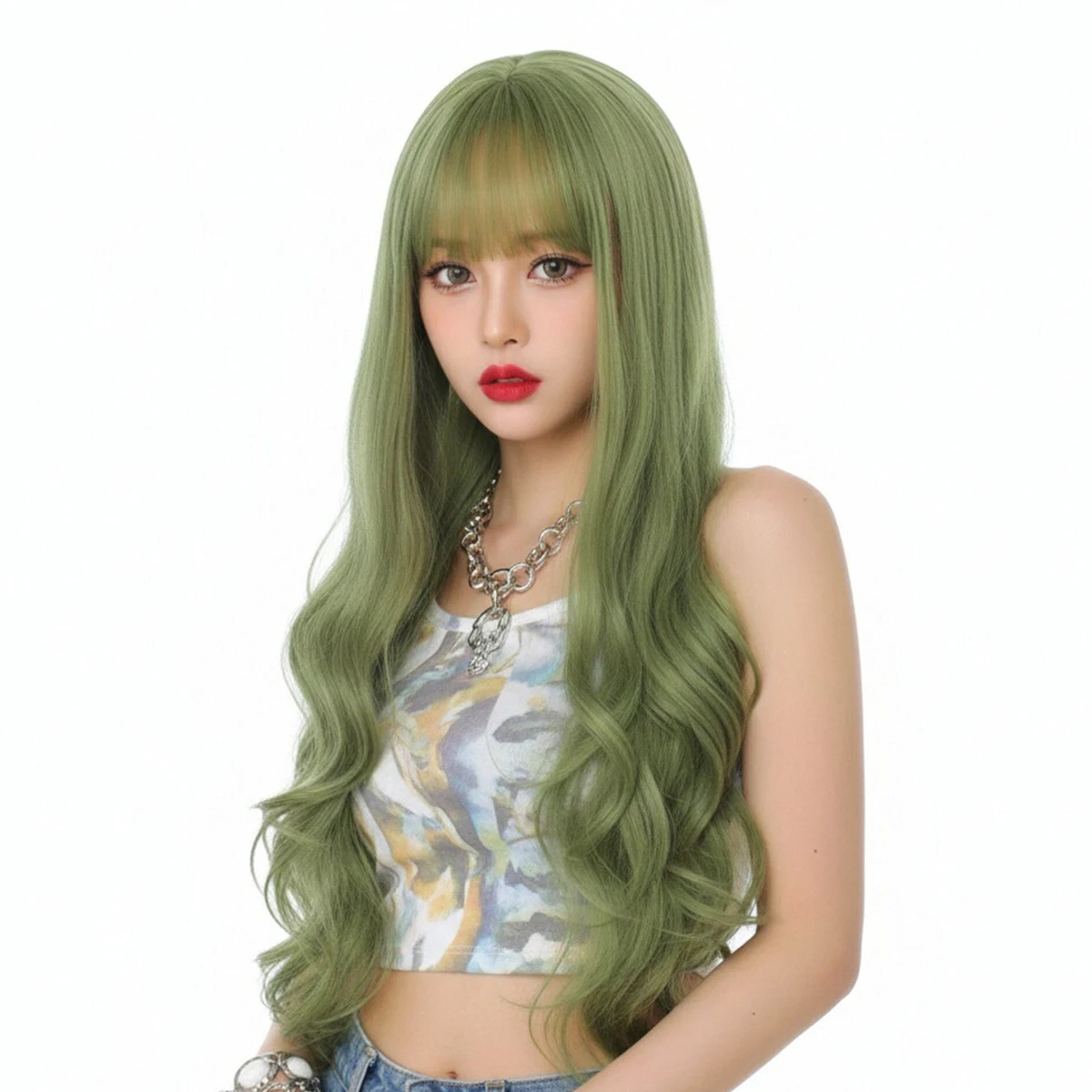 MSIWIGS Synthetic Hair Green Long Wavy Lolita Wigs With Bangs For Women Heat-Resistant Cosplay Wig