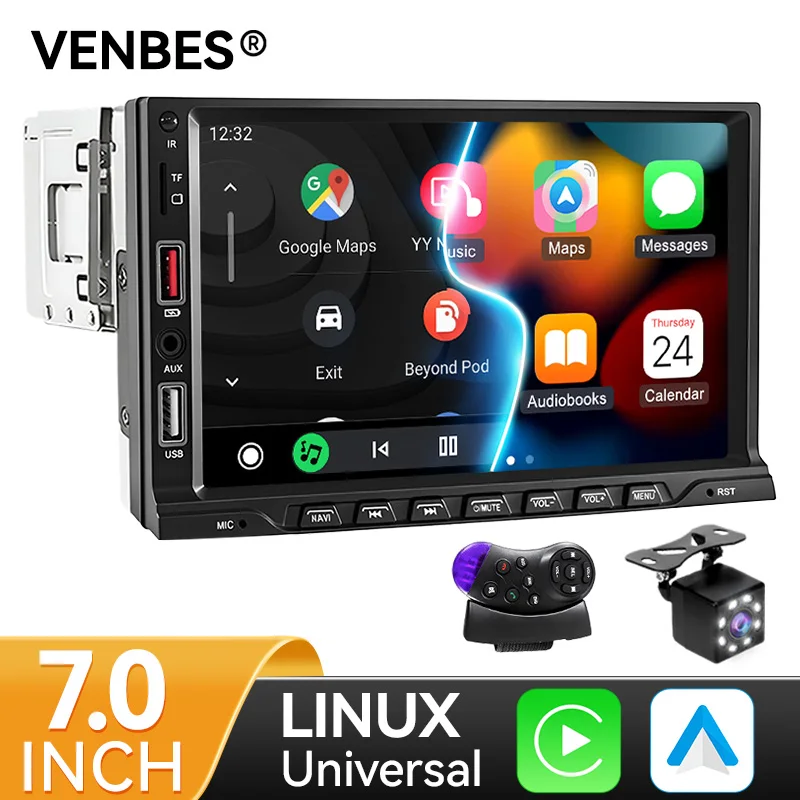 

Автомобильный радиоприемник VENBES Carplay и Android Auto Mirrorlink 1 DIN с сенсорным экраном 7-дюймовая FM USB BT 5,0 камера заднего хода CVBS