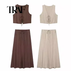 TRAF Two Pieces Set Sleeveless Lace-Up Short Women Vest Coat And Midi Skirt Sets For Women 2 Piece Summer Women Outfit